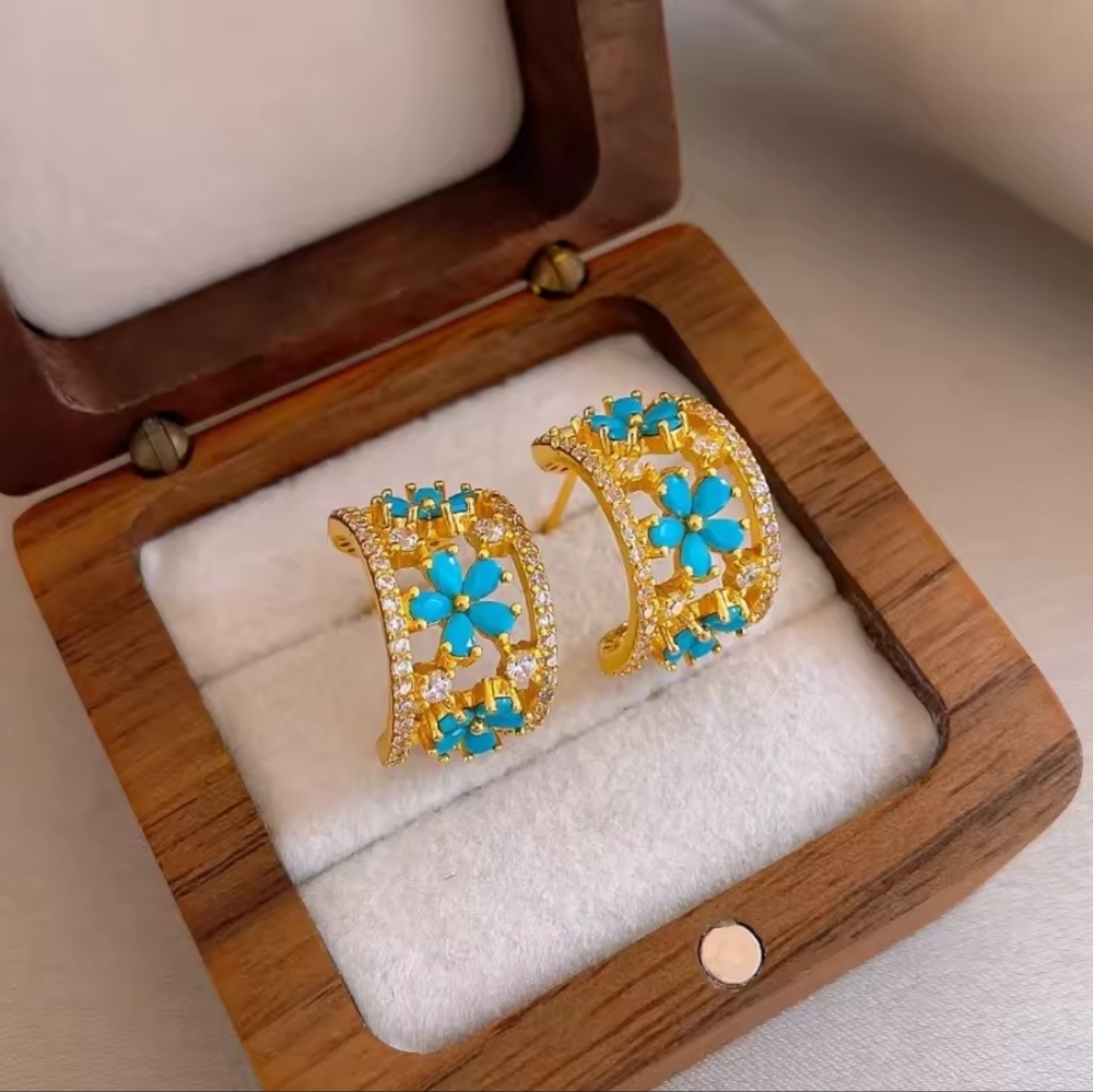 Gold Earrings with Blue Floral Design